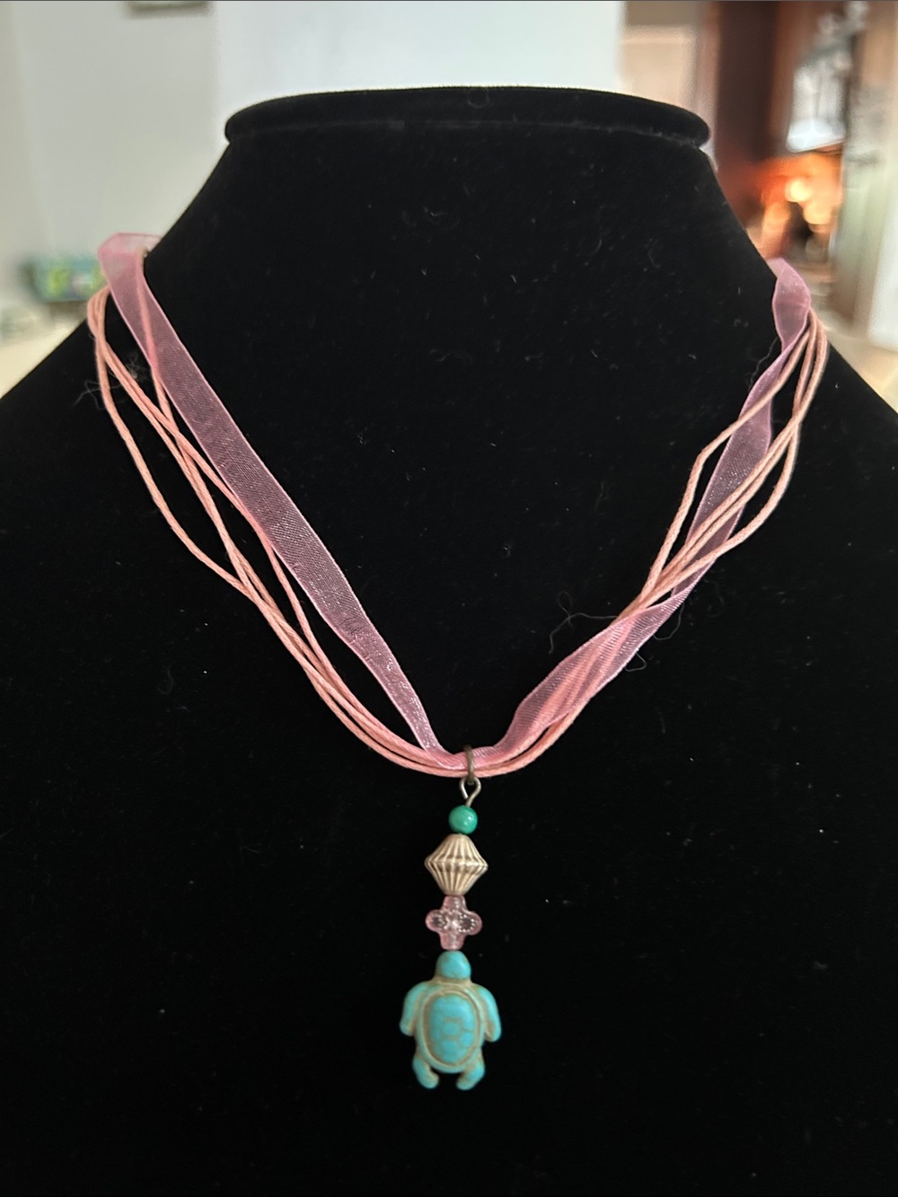 Pink Ribbon Multi-Strand Necklace with Turquoise Turtle Pendant
